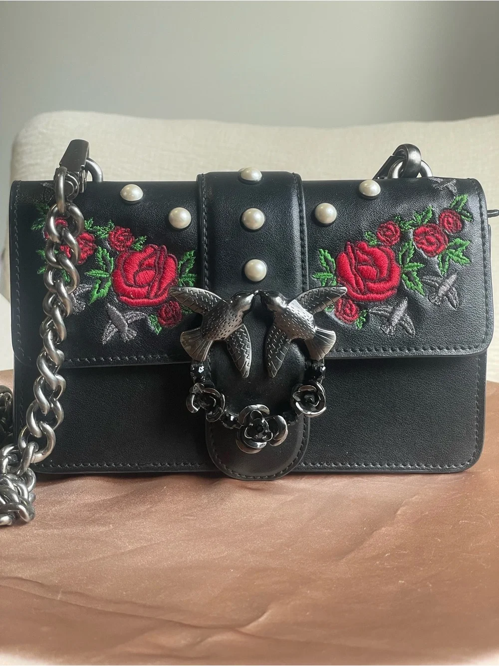 Pinko Black Crossbody with Red Rose Embroidery and Pearl Accents